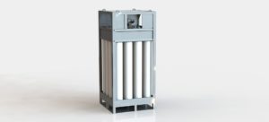 Render eines weißen Gasflaschenbündels technischer Gase mit grauer Metallkäfig