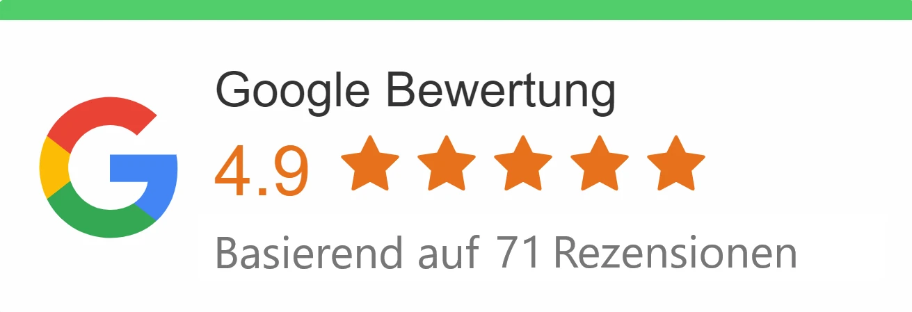 Grafik Google Bewertungen September 2022 4,9 Sterne bei 71 Rezensionen