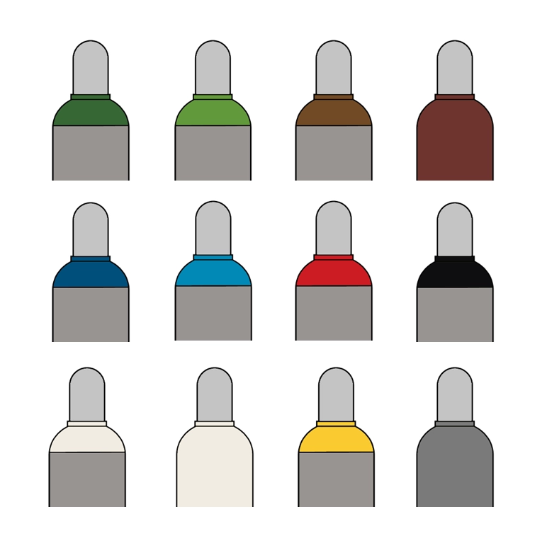 Verschiedene technische Gasflaschen mit farbiger Flaschenschulter nach DIN EN 1089-3