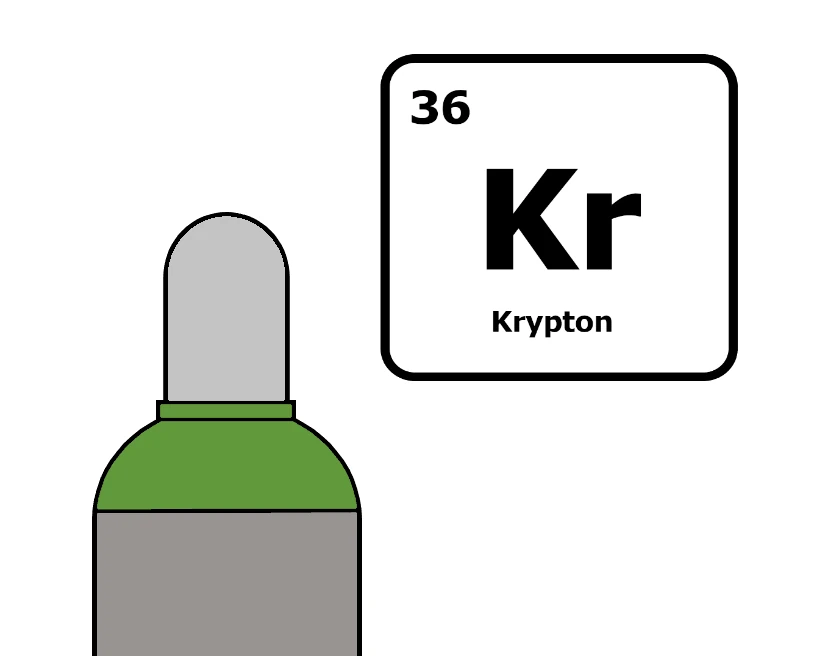 Krypton Gasflasche mit leuchtend gruener Schulterfarbe und Periodensystem Kachel