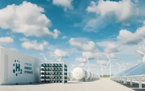 Elektrolyseur und Wasserstoffspeicher neben Erneuerbare-Energien-Anlagen